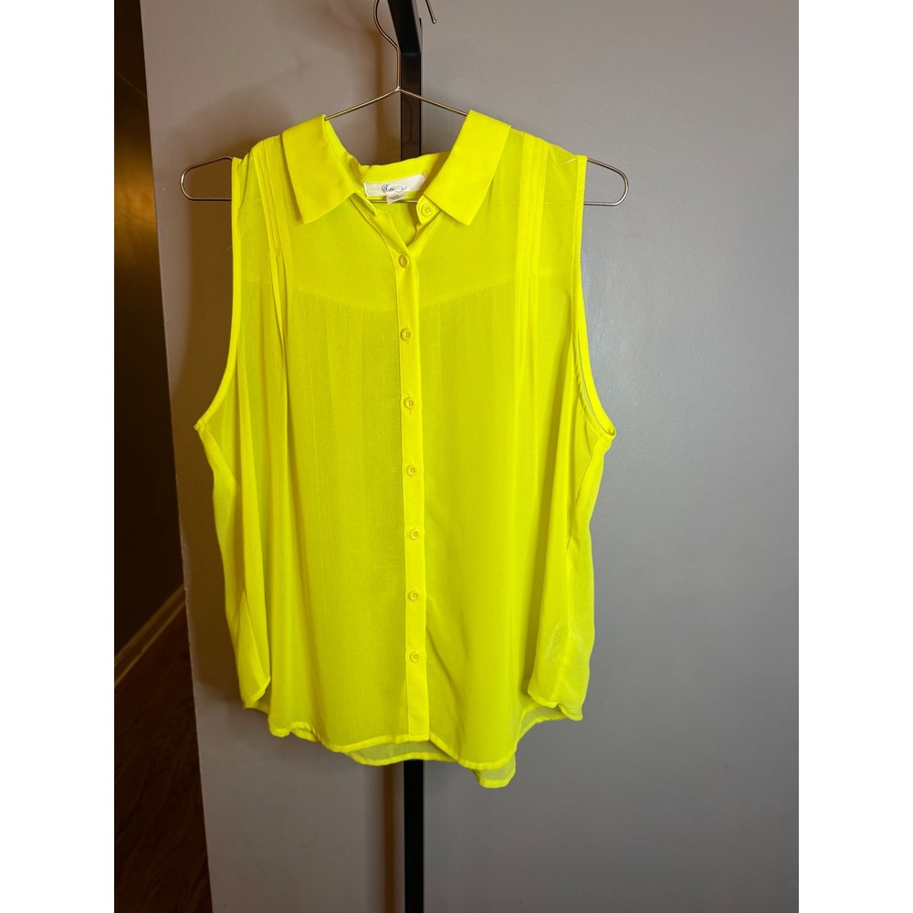 XXI Forever Womens Neon Yellow Sleeveless Button Down Pintuck Chiffon Top Large